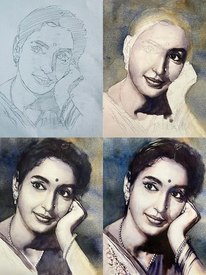 A four-panel grid showing the process of the Nutan portrait, from the initial sketch to the final detailed painting.
