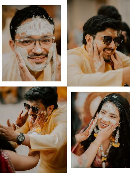 A four-photo grid capturing the fun and games of a haldi ceremony, with friends and family applying paste to the couple's faces.