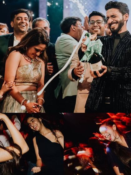 Popping the champagne and dancing the night away. A collage capturing the high-energy party atmosphere of the Sangeet.