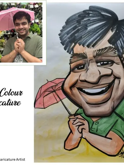Beyond black and white, I also offer vibrant live color caricatures. This side-by-side shows how I transform a photo into a colorful, lively piece of art, adding an extra splash of personality.