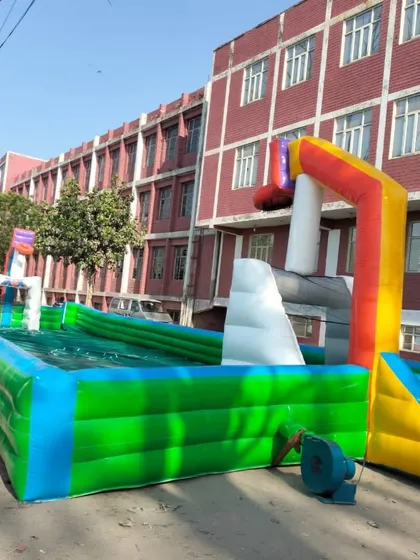 This is our inflatable soapy football pitch, ready for action. It's a super fun game for older kids and even adults at corporate events or parties. The soft, slippery surface makes for a hilarious and safe match.
