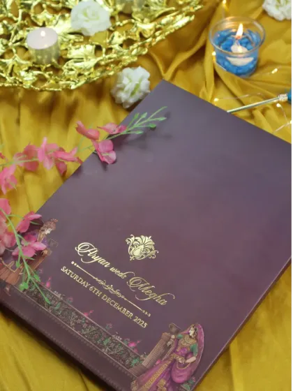 The back of the palace-at-dusk invitation, showing how the design theme is carried through to every part of the card.