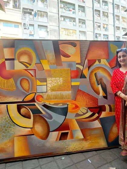 A piece of art should feel as grand as the story it tells. Here I am with "The Sounds of Music," a large 5.5 by 7 feet commissioned canvas. Creating large-scale abstract art like this allows me to translate complex emotions and ideas into a visual symphony that can define an entire space.