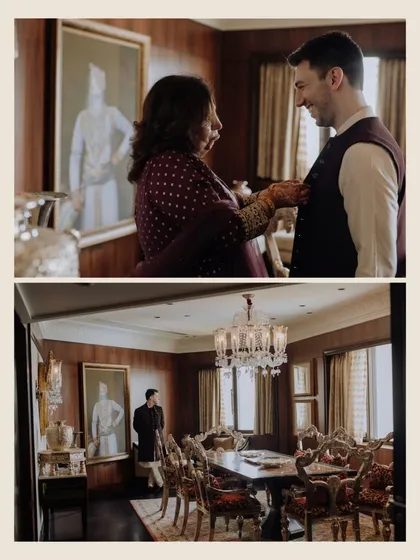 A collage showing a tender moment of the groom's mother helping him get ready, and a wide shot of him in a grand, wood-paneled room.