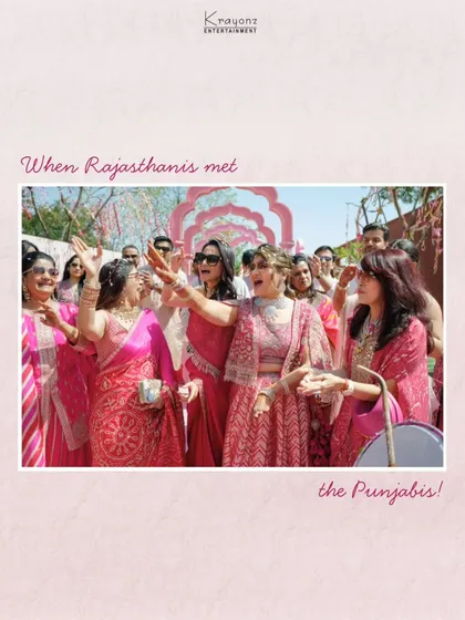 When Rajasthanis met the Punjabis! A beautiful fusion of cultures at this pink-themed Haldi, where both families came together to dance and celebrate.