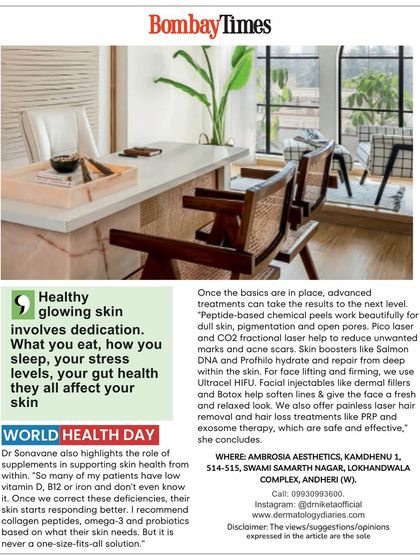 I was grateful to be featured in this Bombay Times article, where I discussed the importance of dedication for healthy, glowing skin. Once the basics are in place, I use advanced treatments like Pico laser, PRP, and exosome therapy for hair loss and skin rejuvenation.