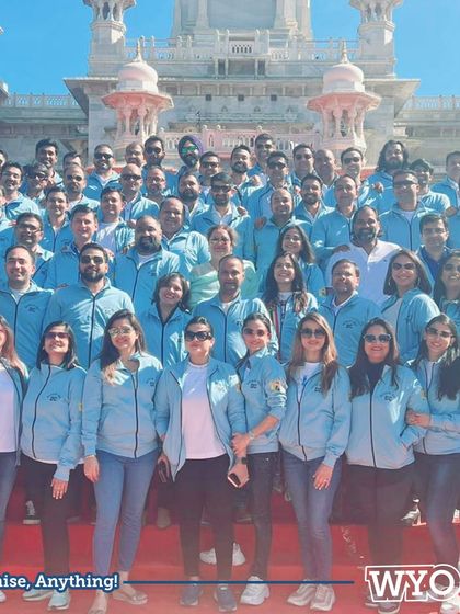 This team is ready for their trip, all coordinated in custom blue jackets. I can print your logo or design on jackets and hoodies for a professional and unified group look.