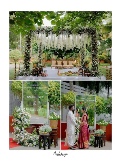 A collage showcasing the beautiful garden mandap and a welcome sign, along with a portrait of the couple, tying the decor to their story.