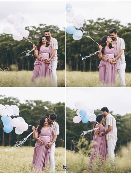 A collection of four playful and romantic moments. This collage shows the couple interacting with balloons against a backdrop of lush green trees, showcasing a variety of loving poses.