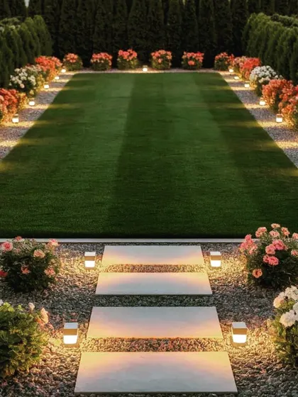 A formal lawn path at night, beautifully lit with small, modern lamps. The path, made of gravel and stone pavers, is lined with blooming flowers, creating a magical walkway.