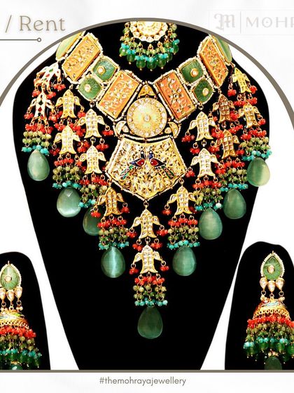 A graphic showcasing a unique and colorful Navratan-style bridal set with bird motifs and jhumkas. Available to buy or rent.