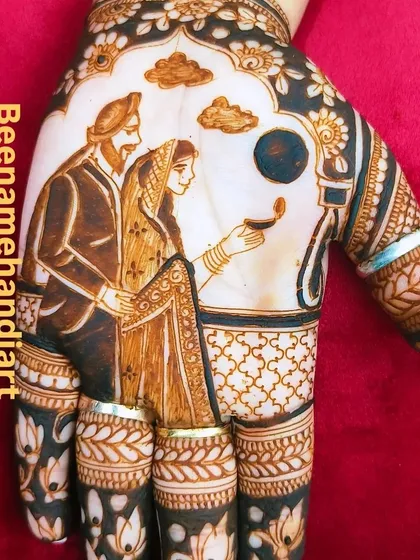 A close-up of the Sikh couple portrait for Karva Chauth, showing the detail in the turban and the bride's jewelry.