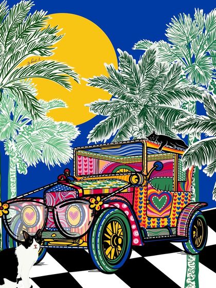 The Monday Mood Machine is here to brighten your week. This vibrant illustration features a whimsical car with heart-shaped glasses, designed to spread positive vibes.