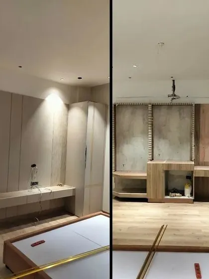 A collage showing the hotel room design taking shape on-site. These progress shots reveal the installation of the custom bed, wall paneling, and TV unit, demonstrating how our proposed design is being built.