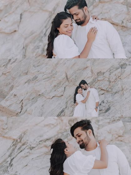 A collage of a couple embracing and sharing intimate moments against a rocky, natural backdrop.