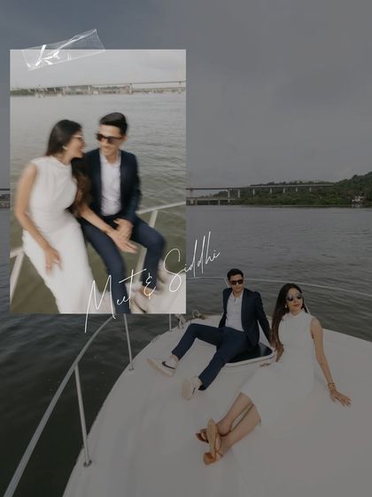 A creative collage from a Goa pre-wedding shoot, showing the couple enjoying a serene moment on their yacht. This highlights our ability to create beautiful, graphic layouts for your story.