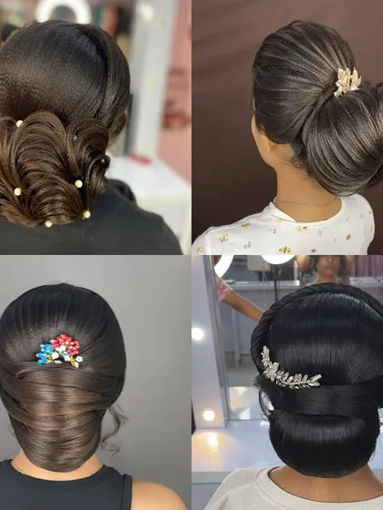 Buns are a core skill for any professional hairstylist. Here's a glimpse of the different types of buns we master in class, including classic French buns, textured updos, and modern styles with accessories.