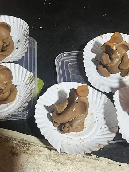 A collection of the eco-friendly Ganesha idols handmade by the children in our class. Each one is unique and shows the child's individual creative effort.