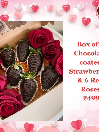 For a truly romantic gesture, I offer this beautiful box combining juicy, hand-dipped chocolate-coated strawberries with fresh red roses. It’s an elegant and delicious way to express your love.