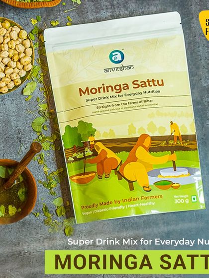 This is my Moringa Sattu, a super drink mix for your daily nutrition. It comes straight from the farms of Bihar and is a traditional, powerful way to boost your energy. Just mix it with water for a healthy, refreshing drink.