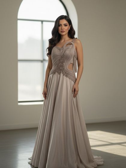 A second look at the beige gown, highlighting its graceful silhouette. It’s proof that elegance doesn’t have to come with a lifetime commitment.