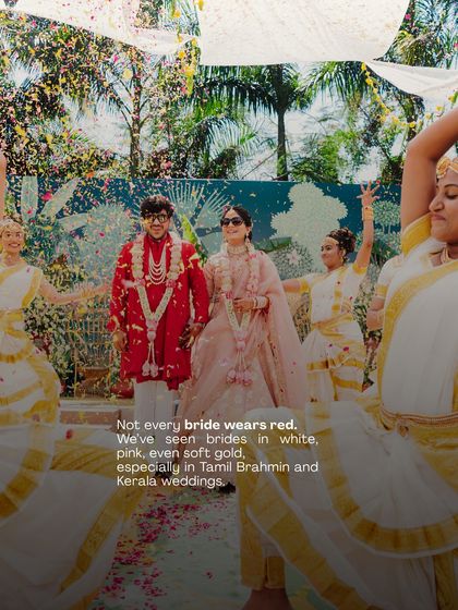 Not every bride wears red. We've seen beautiful brides in white, pink, and even soft gold, especially in Tamil Brahmin and Kerala weddings. We celebrate and design for the diverse traditions that make each wedding unique.
