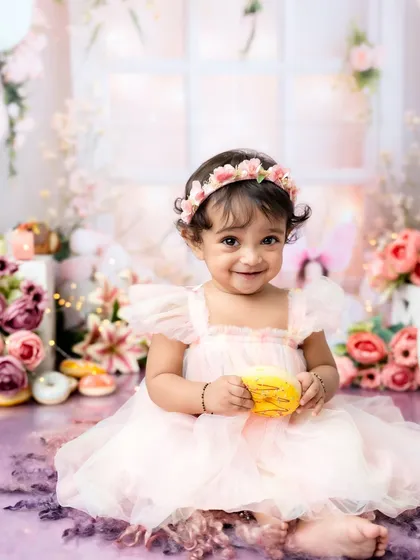 A sweet smile from this toddler in a dreamy, pastel-colored floral studio setup.