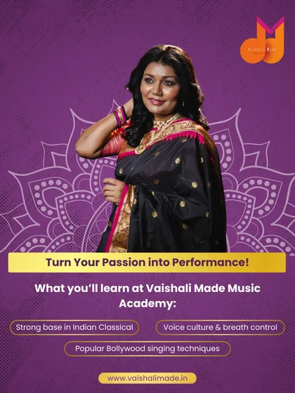 Turn your passion into a powerful performance. This graphic summarizes what you will learn at my academy: a strong base in Indian classical music, voice culture and breath control, and popular Bollywood singing techniques.