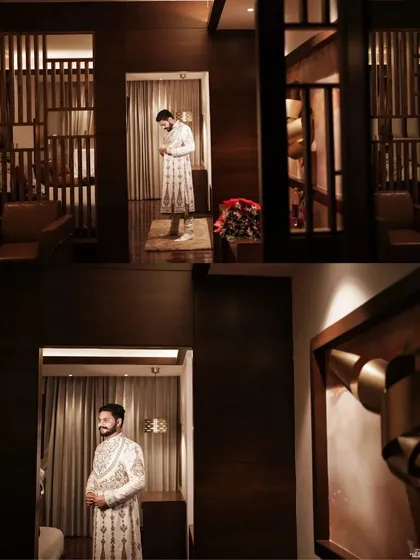 A collage of the groom getting ready in a modern, wood-paneled room, capturing his anticipation and final preparations.