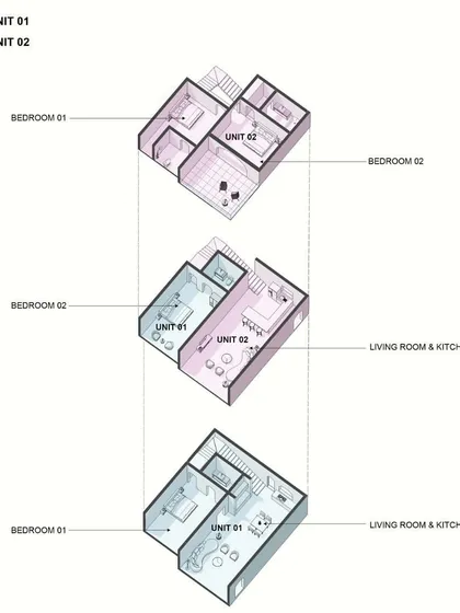A detailed exploded-view diagram of the Arte Apartments. This shows how the interlocking units are planned, separating private bedrooms from shared living spaces to create a diverse and functional living experience.
