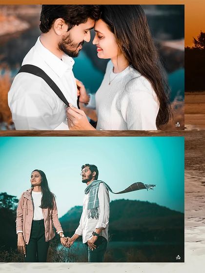 A collage of intimate and scenic shots from a pre-wedding session, highlighting the couple's connection.