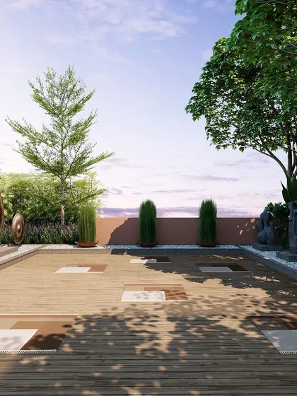 A duplicate view of the gong and meditation deck, capturing the serene ambiance created by natural wood, dappled sunlight, and open sky.