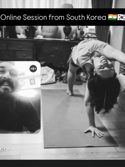 Geography is no barrier to learning. This is a snapshot of a live online session with our student Esther from South Korea, where we are guiding her through the intricacies of Chakrasana, the wheel pose.