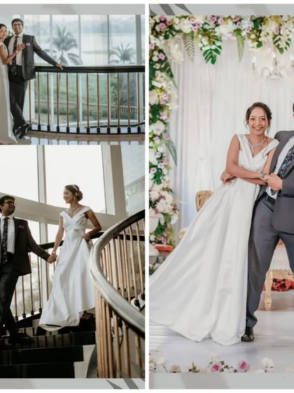 A collage of photos from a Christian wedding, showing the couple's portraits and fun moments.