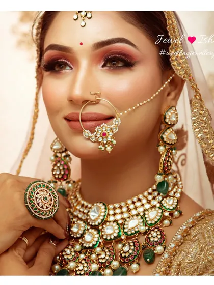 A close-up on the details. This image highlights the intricate work of the Polki choker with green enamel, the delicate nath, and the large statement ring, all essential parts of a traditional bridal set.