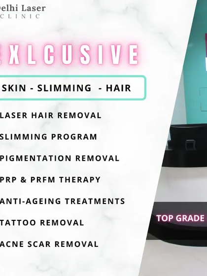 This graphic lists some of the core services we provide, including laser hair removal, pigmentation treatment, PRP therapy, and tattoo removal, all performed with top-grade laser technology.