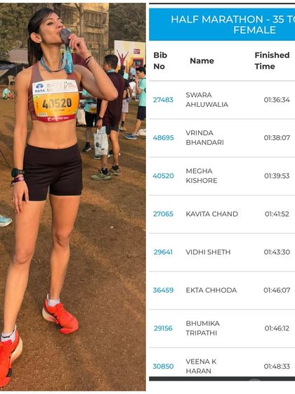 A combined image of my post-race photo and the official results from the Tata Mumbai Half Marathon, showing a sub-1:40 finish and a podium spot.
