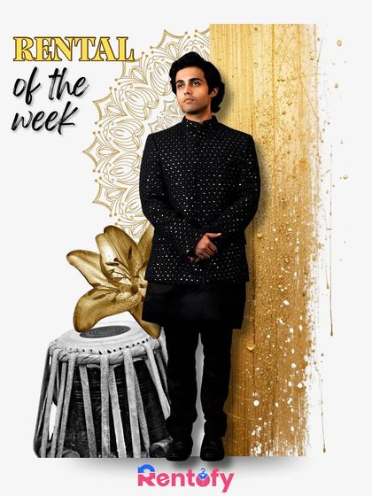 Rental of the week. This graphic highlights a stunning black bandhgala, the kind of outfit that makes everyone remember you.