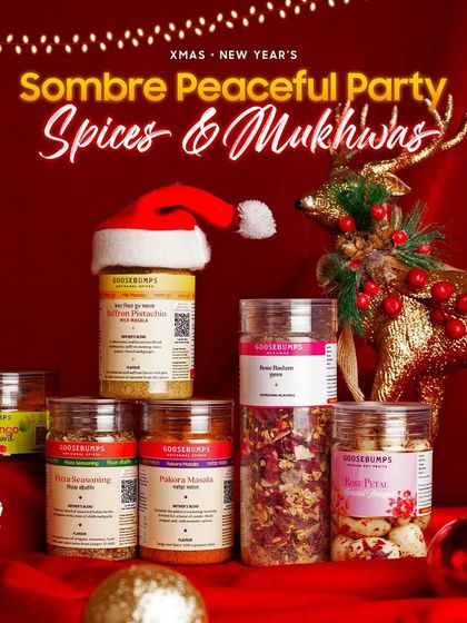 The spices and mukhwas from my Sombre & Peaceful Party combo. This festive arrangement includes Saffron Pistachio Milk Masala, Pizza Seasoning, and Rose Badam Mukhwas to complete your celebration.