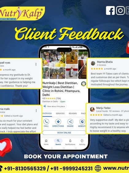 This graphic showcases multiple reviews praising our supportive team, customized diets, and easy-to-follow plans. We are dedicated to helping you lose weight in a healthy way.