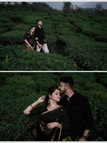 A mix of a posed portrait and a sweet, candid moment from the tea garden shoot. The groom's kiss on the forehead is a perfect touch of tenderness.