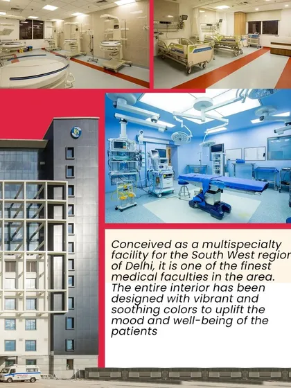 This collage highlights the state-of-the-art medical facilities at Venkateshwar Hospital, including advanced operating theaters and patient rooms. The interior design supports the high-tech functionality with a clean and calming environment.