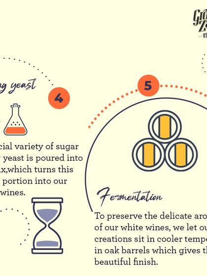 A special variety of yeast is added to the juice to begin fermentation. To preserve the delicate aromas, our white wines are fermented at cool temperatures in oak barrels for a beautiful finish.