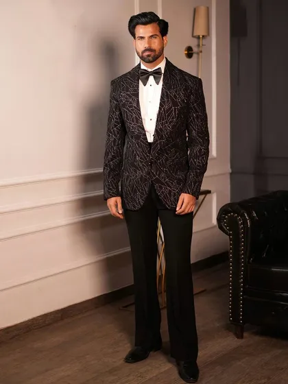 A formal portrait showcasing the refined details of our Starry Black Tuxedo.
