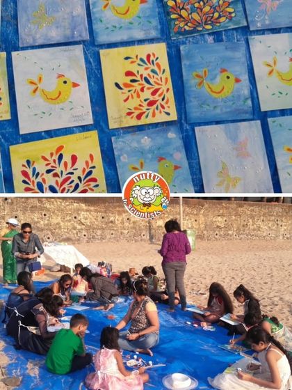 The finished masterpieces. These colorful paintings of birds and leaves show just how much talent our little artists have.