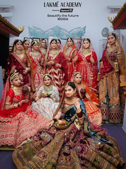 This image shows the impressive range of bridal styles our students can create, from heavily traditional to modern and chic.