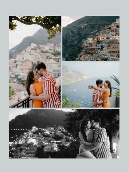 A collage of pre-wedding moments from the Amalfi Coast in Italy. It showcases the couple against the iconic cliffside houses of Positano, both day and night, capturing the location's unique charm.