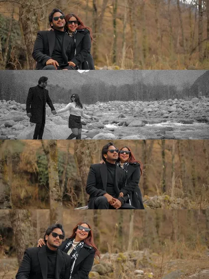 A creative collage blending color and black-and-white shots from a post-wedding shoot by a river in Manali.