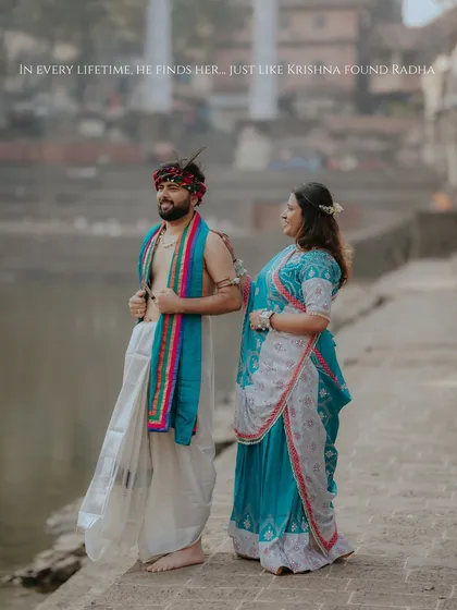 A love story for the ages, inspired by the divine romance of Radha and Krishna. This themed pre-wedding shoot at a riverside ghat brings a timeless, spiritual elegance to your modern love story.