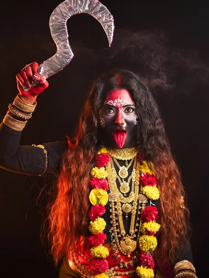 A powerful depiction of Goddess Kali. Our students learn to use makeup to convey emotion and character, mastering techniques for body painting and traditional symbolism.